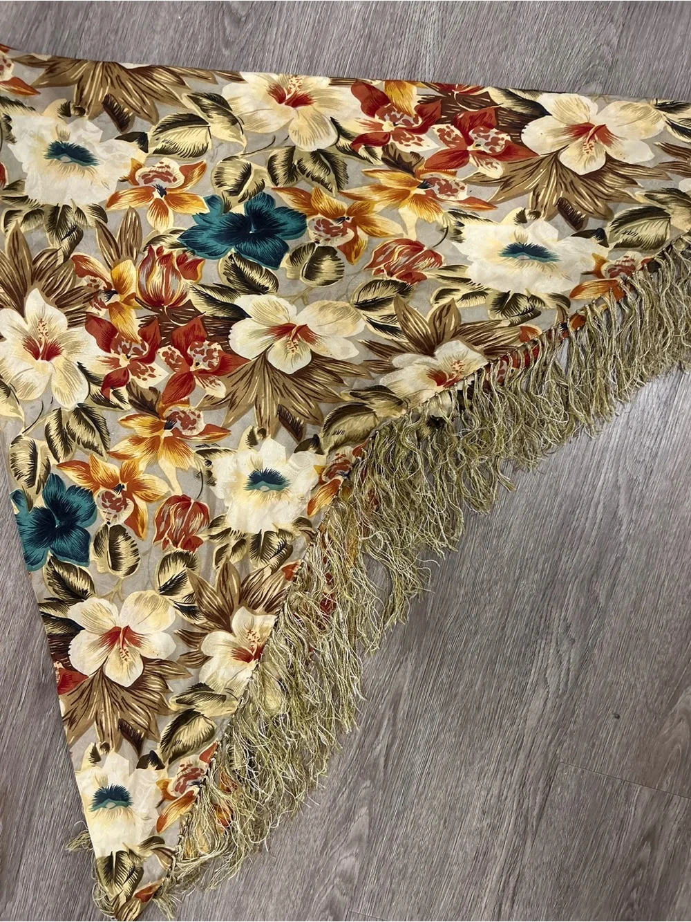 Vintage Silk Floral Scarf in Gold, Teal & Rust